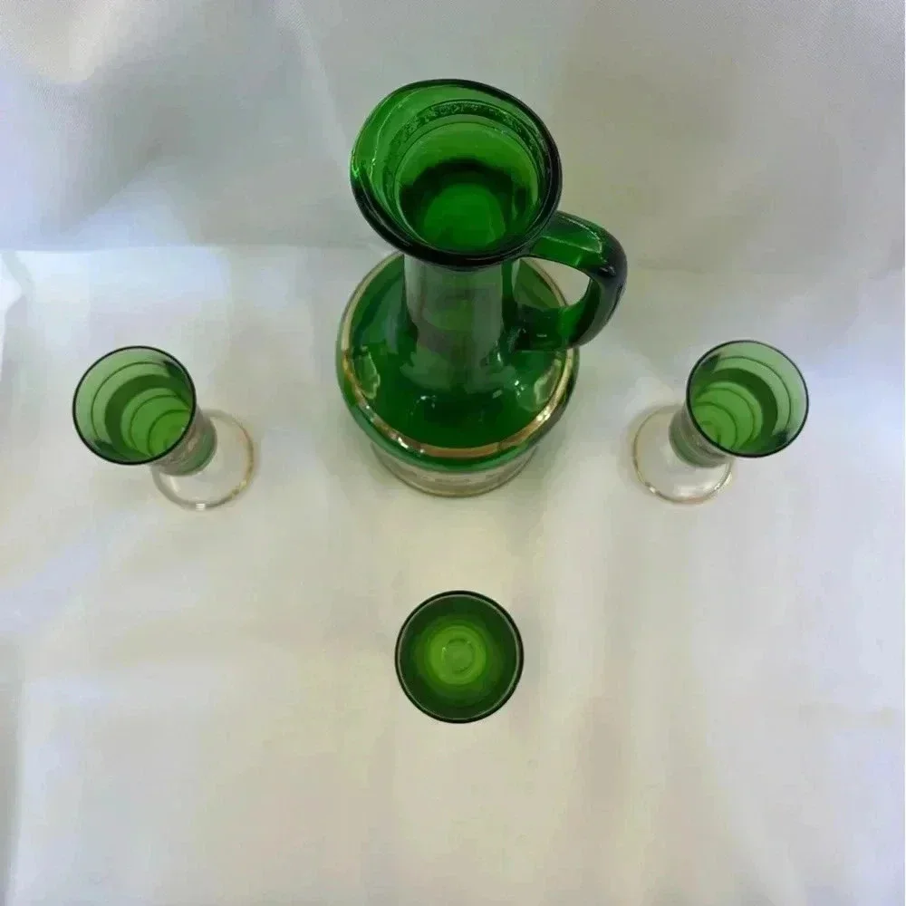 Vintage Green Glass Decanter and 3 Cups